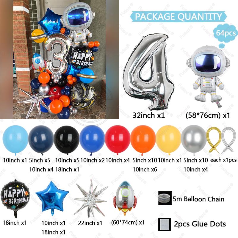 64pcs Astronaut Rocket Balloon Silver Number Birthday Balloon Set Space Theme Party Decoration Children's Party Supplies