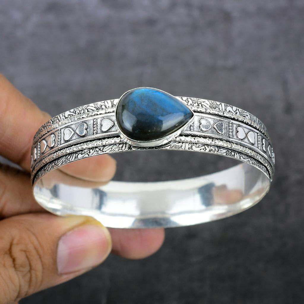 Natural Labradorite Gemstone 925 Sterling Silver Cuff Bangle Adjustable V3W87