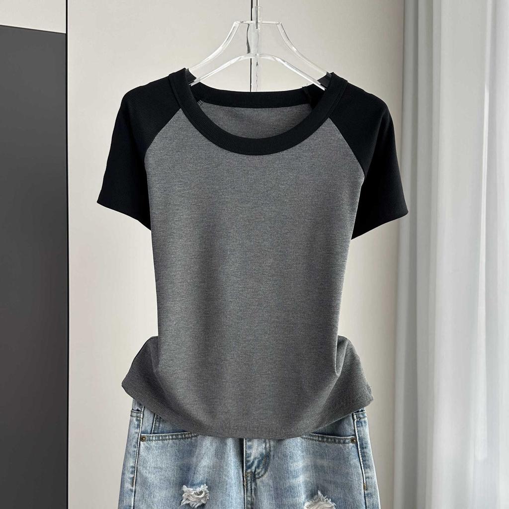 Raglan Short Sleeve Color Block T-Shirt Plus Size Loose Slim Crop Top For Summer Versatile Breathable Soft Material Flattering Slim Women Top