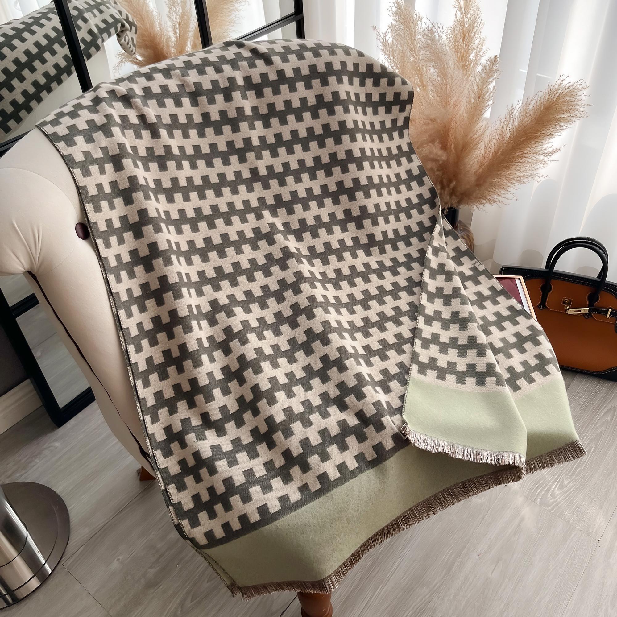 

Элегантная женская осенне-зимняя толстая теплая жаккардовая шаль с геометрическим узором и кисточками, утепленная, ветрозащитная, одеяло, шарф