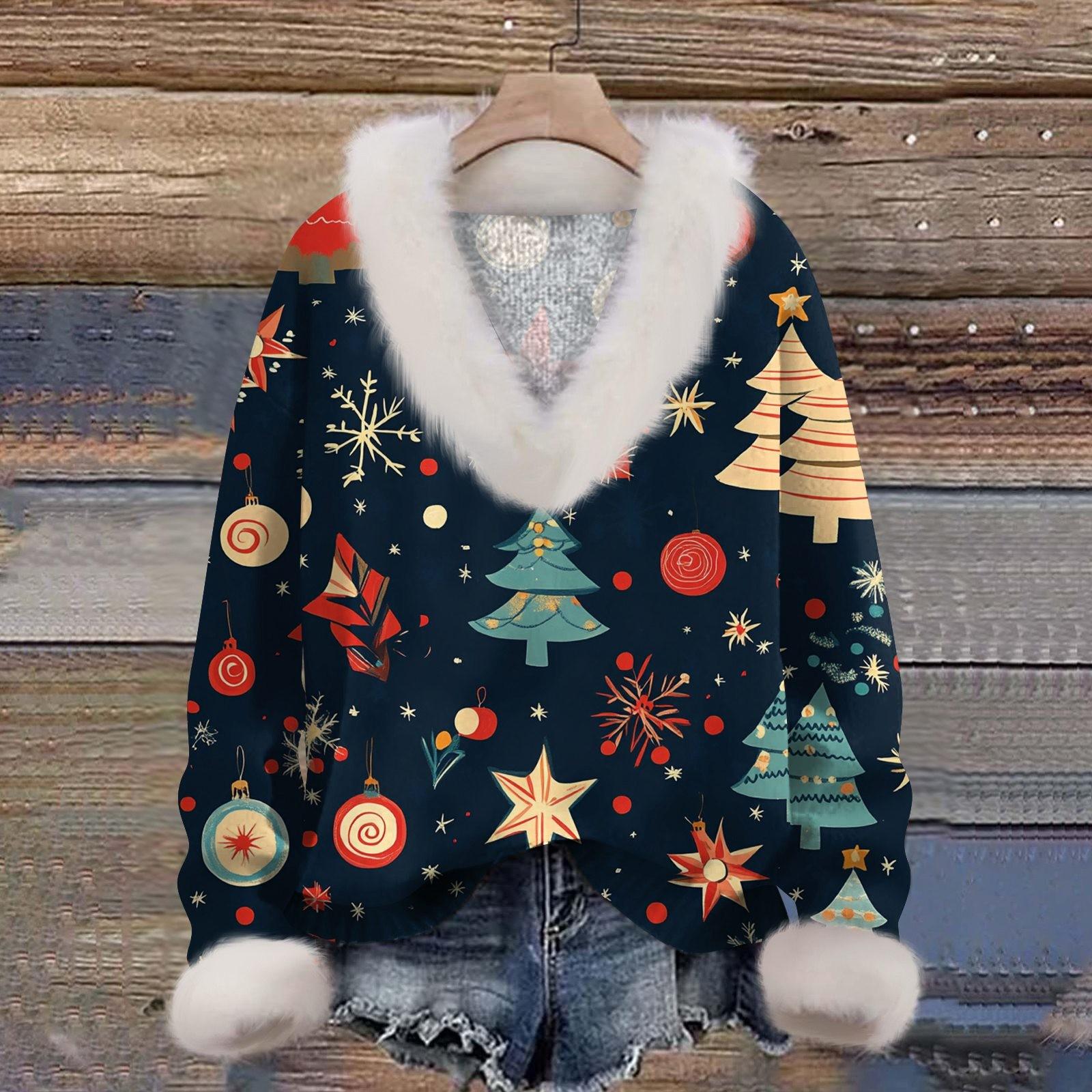 

Женский пуловер с длинными рукавами и рождественским принтом снежинок, плюшевым воротником и V-образным вырезом XL