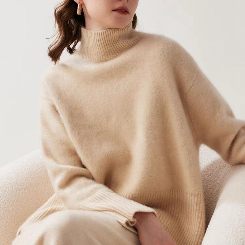 New split-ended loose-knit pullover solid-color turtleneck loose autumn and winter women's sweater