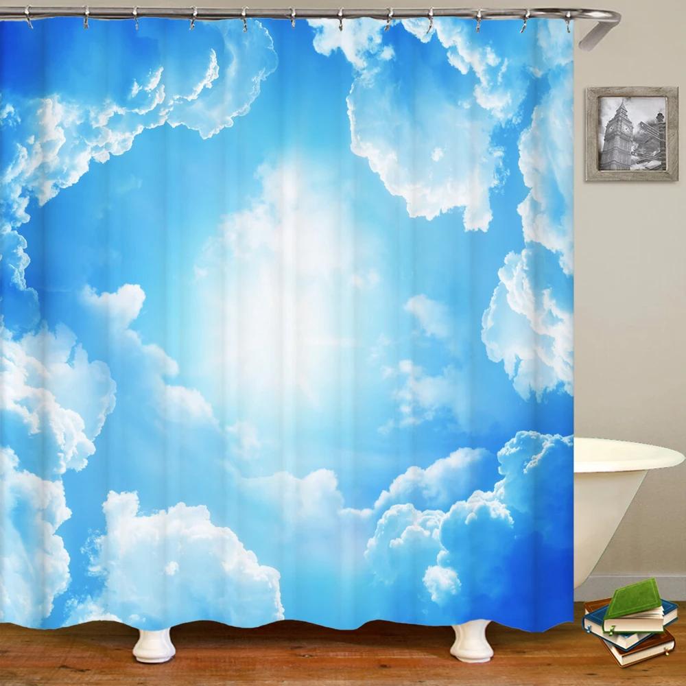 Natural landscape Blue Sky White Clouds Shower Curtains Bathroom Curtain Frabic Waterproof Polyester Bath Curtain with Hooks