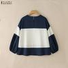 ZANZEA Women Casual Round Neck Loose Stripe Patchwork 3/4 Sleeve Blouse