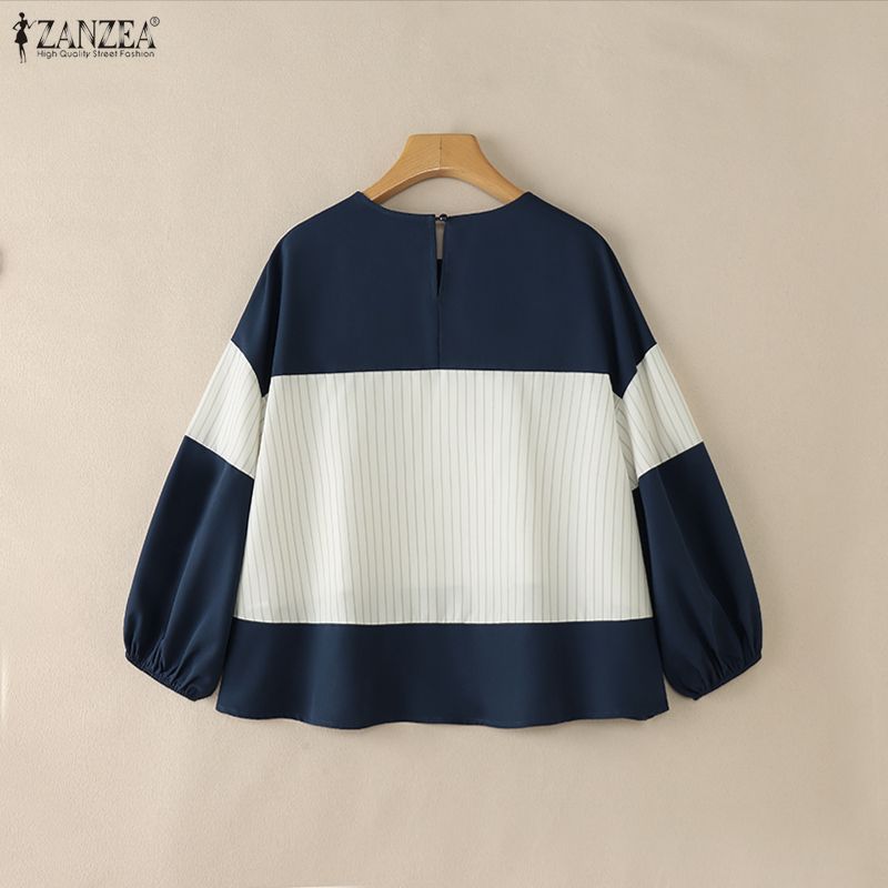 ZANZEA Women Casual Round Neck Loose Stripe Patchwork 3/4 Sleeve Blouse