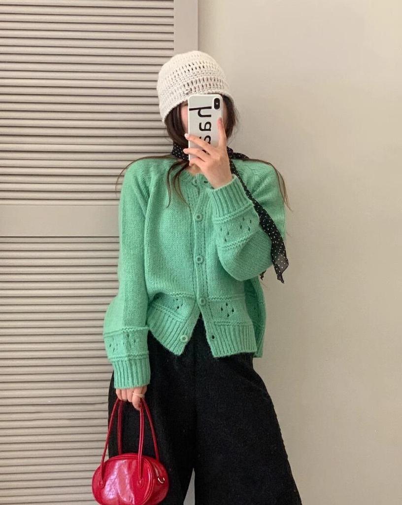 Women's Soft Fluffy Knit Cardigan - Korean Style, Hollow Design, Spring Petite Top