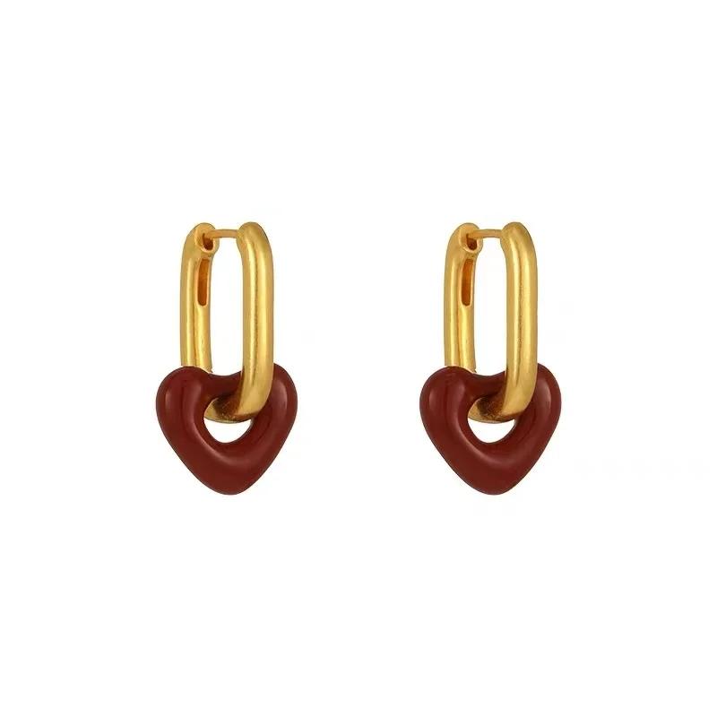 French Retro Romantic Wine Red Heart Pendant Earrings For Women Wedding Party Girls Fashion Zircon Christmas Gift Accessories