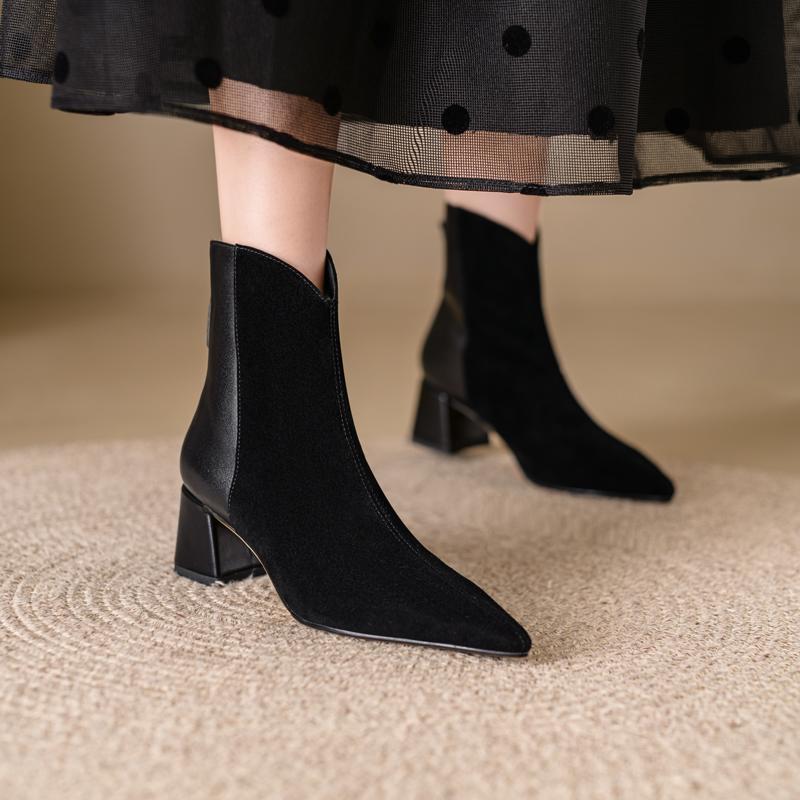 Fashion 2024 New Autumn Sheep Suede Women Boots Pointed Toe Chunky Heel Boots for Women Winter Short Boots Genuine Leather Ladies Shoes
