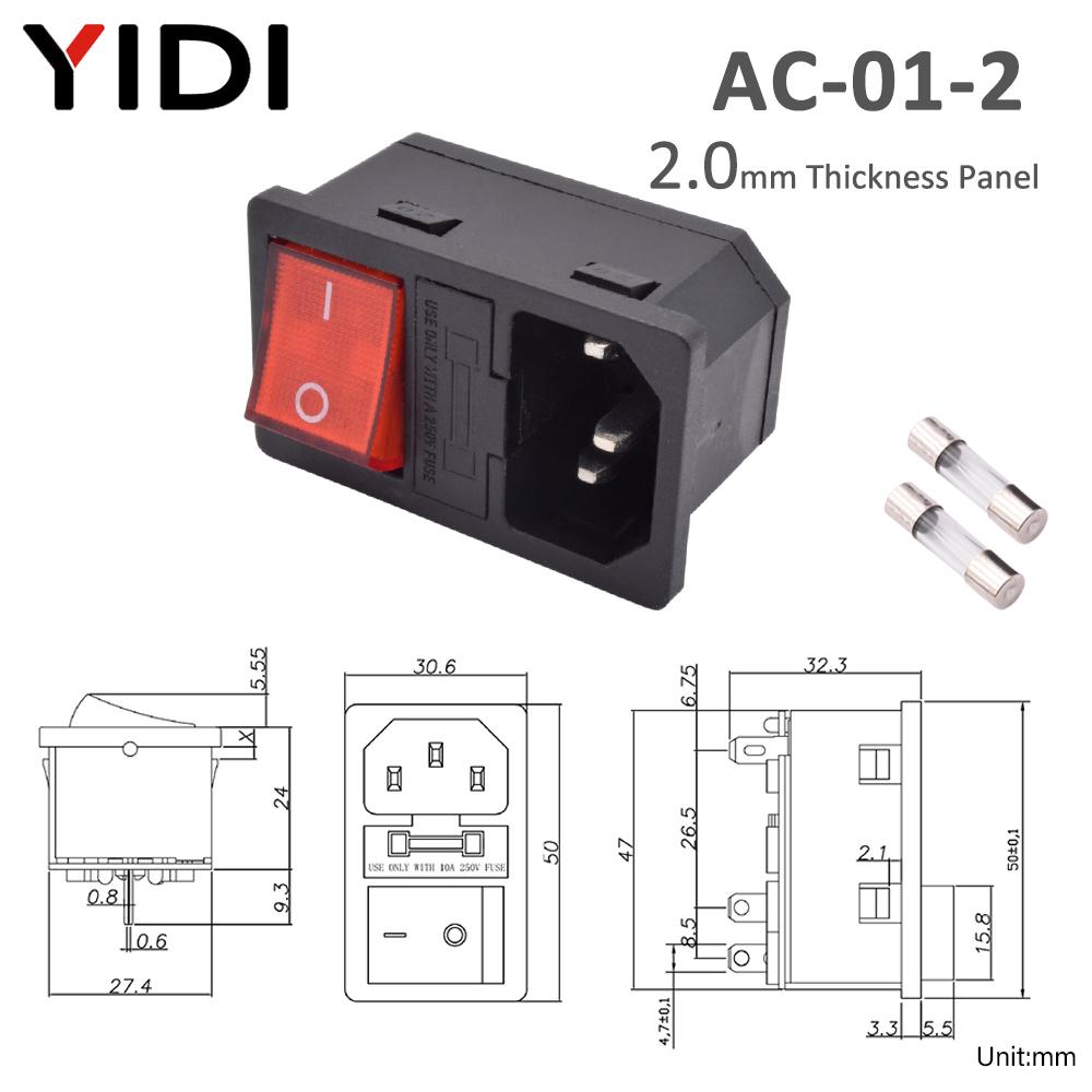 IEC 320 C13 C14 Inlet Power Plug Socket Rewirable 3 Pin Electrical Male Female Connector with Red Lamp Rocker Switch 10A Fuse
