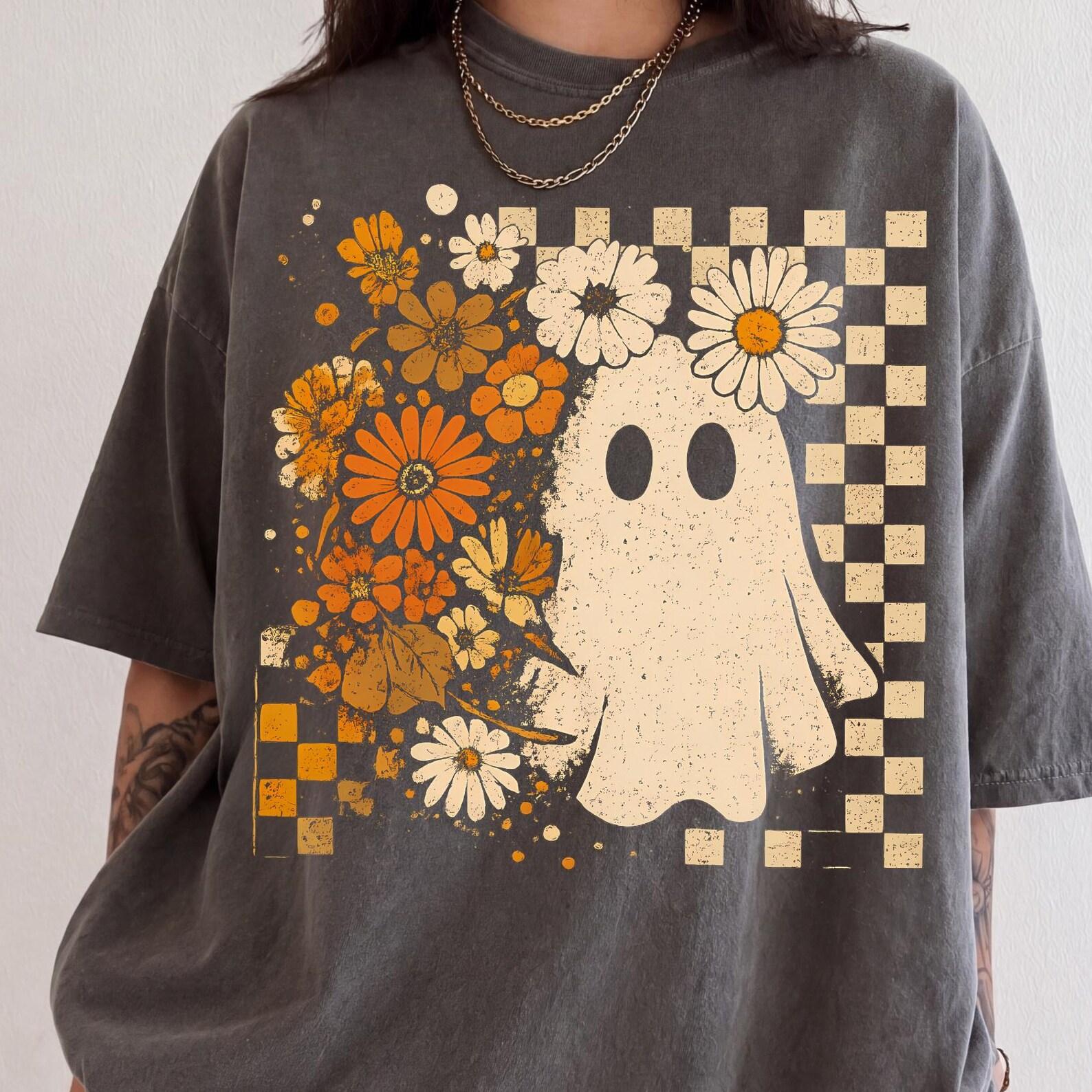 Retro Floral Halloween Comfort Colors® Shirt, Checkered Ghost T-Shirt, Groovy Halloween Tee, Spooky Floral Shirt, Vintage Ghost Gift Tee L