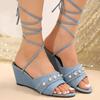 Blue Denim Fashion Sandalen Frauen 2024 Neue Sexy Spitzschuh Cross Strap Keilabsatz Schuhe Dicke Sohle Weibliche Schuhe Plus Größe 43