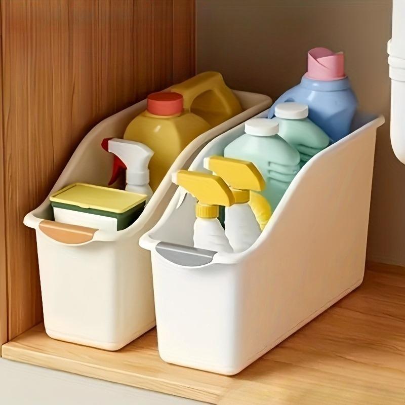 

2Pcs White Narrow Storage Bin, Under Sink Organizer for Cleaning Supplies, Curved Pantry Caddy for Snacks, No Assembly Required