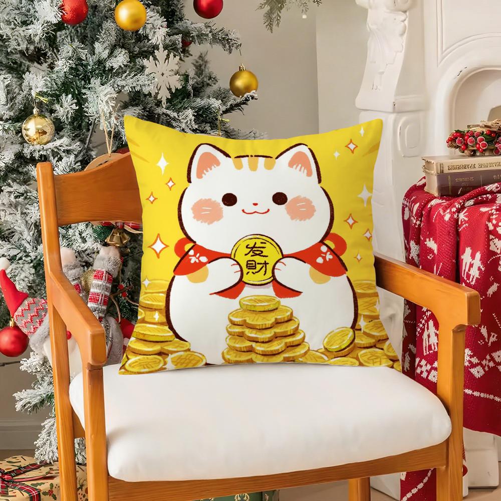 Cute Cartoon Festive Lucky Cat Pillow Case Silky Short Plush With Invisible Zipper Dustproof Sofa Cushion Cover