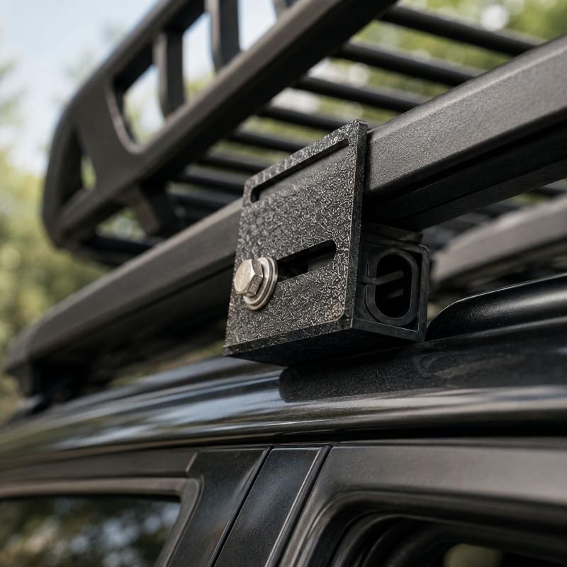 Roof Rack Mounting Fastener Set with Multiple Elongated Slots and Black Finish for Roof Rack Hardware Replacement and Installation Planning