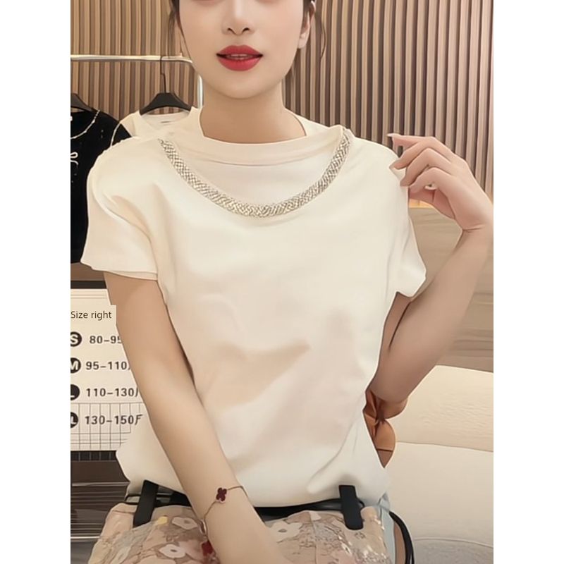 

Style Heavy-Duty Round Neck Rhinestone Short-Sleeve T-Shirt for Women, Summer 2026 New Model, Elegant Slim-Fit Waist-Cinching Versatile Casual Top White Crew Neck Rhinestone Short Sleeve Top S