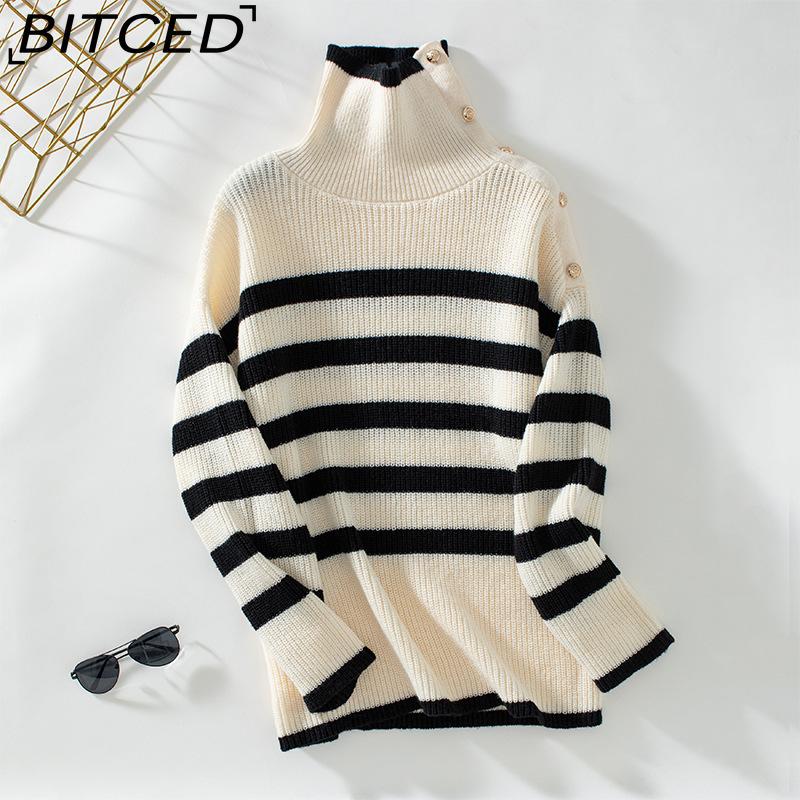 

BITCED Striped Pullover Women s Knitwear Autumn/Winter Casual Button-Up Sweater S