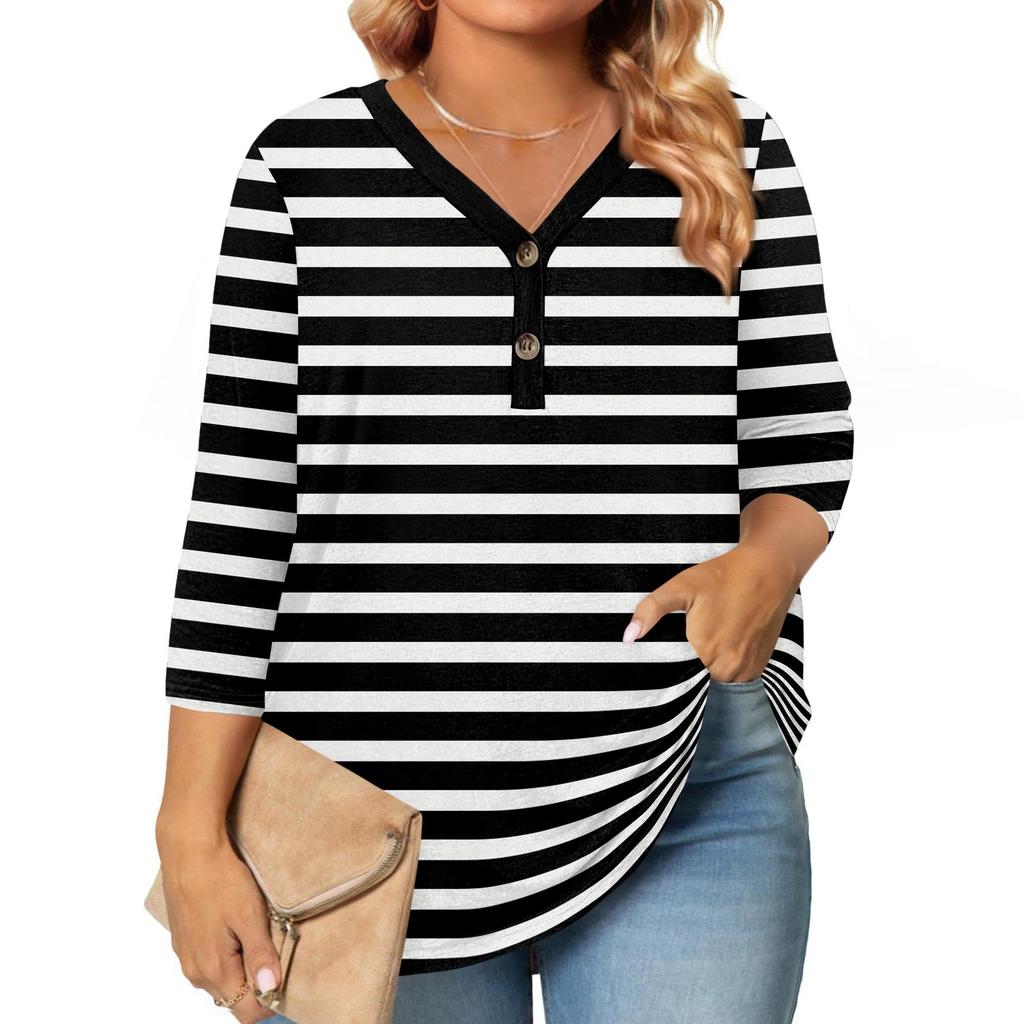 Womens 3/4 Length Sleeve Tops Plus Size Button Down V Neck Shirts Blouses Casual Printing Loose