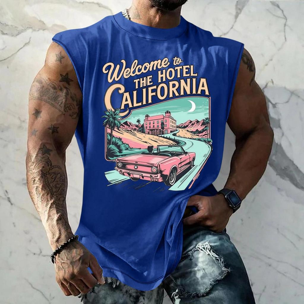 Men Sleeveless Tank Top Loose Fit Breathable Muscle Shirt Vintage Graphic Print Casual Streetwear Summer Sportswear