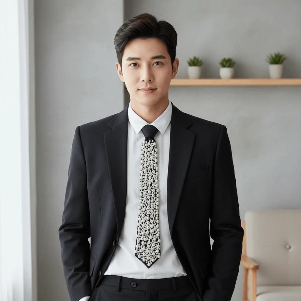 Korean Style Hand-beaded Long Necktie Choker Decoration Shirt Tie Full Pearls Tie  Performance