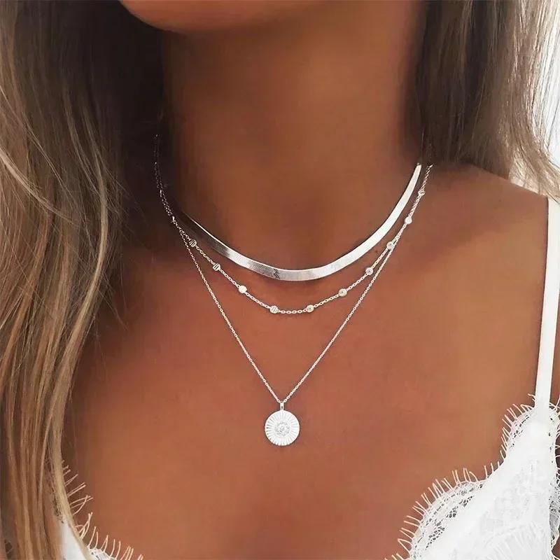 925 Silver Three-Layer Stacking Necklace Women Simple Strip Pendant Waterproof Hypoallergenic Collarbone Chain Jewelry