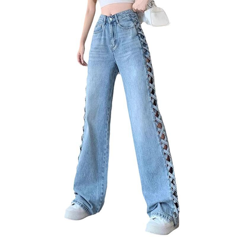 Casual mom jeans voor dames, met open details, hoge taille, knoopsluiting, ritssluiting en wijde pijpen, los model voor op kantoor, lente, club, Y2K streetwear