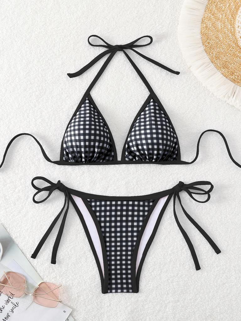 European & American Sexy Houndstooth Tie Halter Triangle Bikini Swimsuit for Women