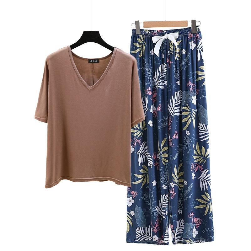 

V Neck Tshirt with Poplin Floral wide leg pants summer cool pajamas sets Loose casual homewear 2pcs suit Rayon Loungewear all match 2XL