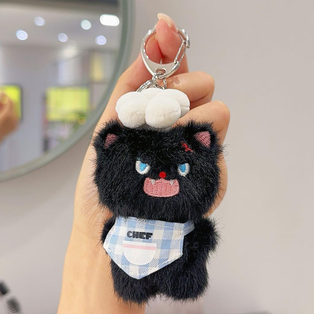 Cartoon Cute Fluffy Angry Cat Apron Chef Hat Design Plush Toy Pendant Keychain