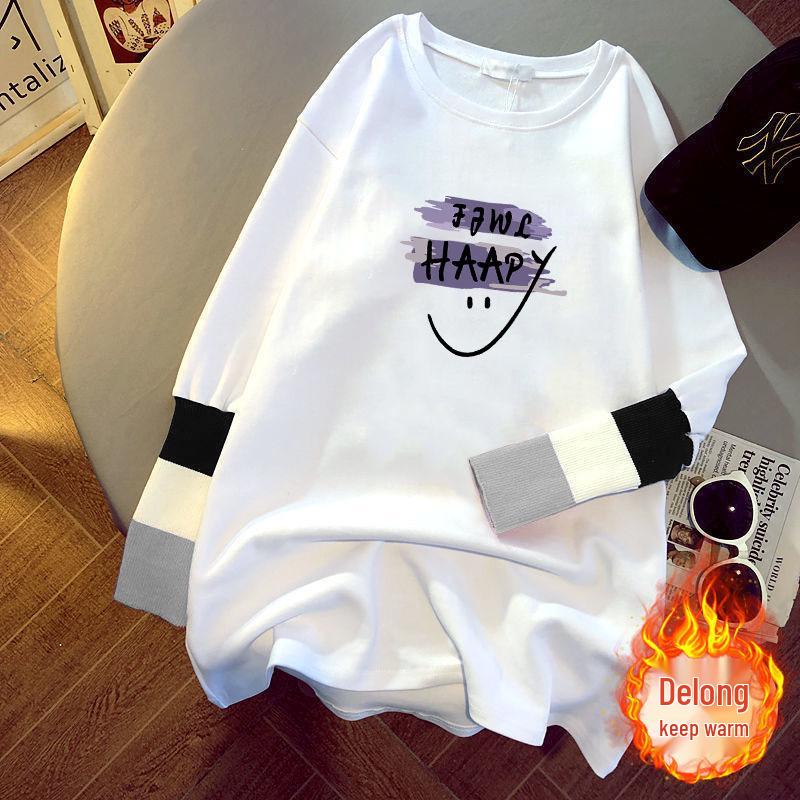 

2025 Women s Korean Style Mid-Length White Cotton Long-Sleeve Spliced Top for Autumn/Winter Medium