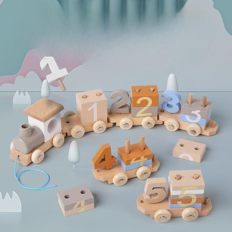Wooden Puzzle Digital Set Column Building Block Small Train Children's Early Education Cognition Digital Pairing Trailer Toy