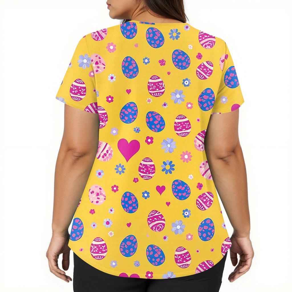 Moda damska Odzież robocza z dekoltem w serek i krótkimi rękawami z kieszeniami Topy z nadrukiem