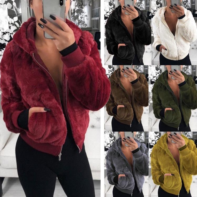 Women Bunny Fur Hooded Jacket Short Coat for Autumn Winter Female Fashion Outerwear