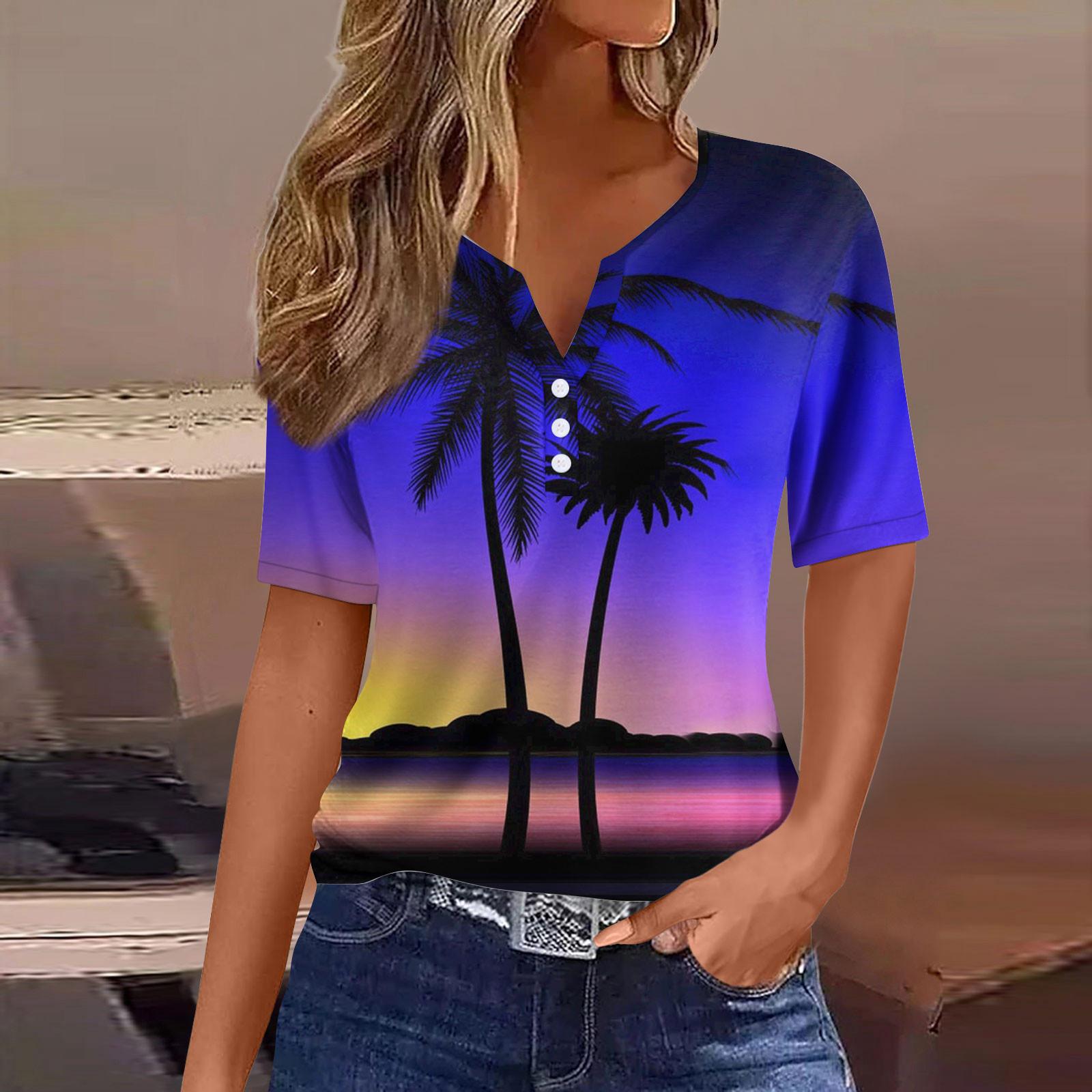 

Женская повседневная гавайская футболка с v-образным вырезом и коротким рукавом с декоративными пуговицами, топ XXL