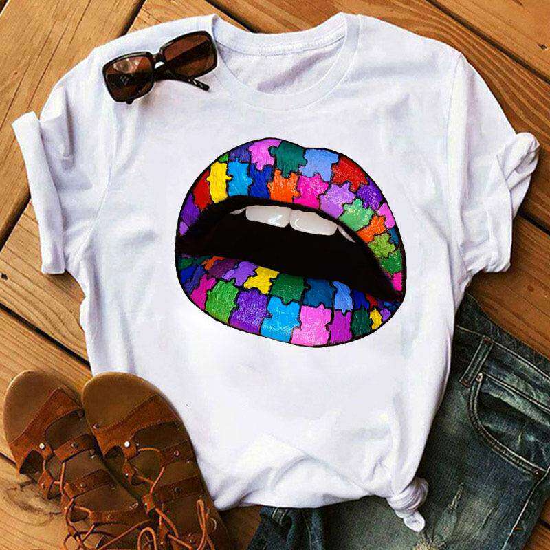 Lippen Reine Baumwolle Bedruckt Unisex und Damen Modetrend T-Shirt Sommer Neu Personalisiert Rundhals Locker Lässig T-Shirt