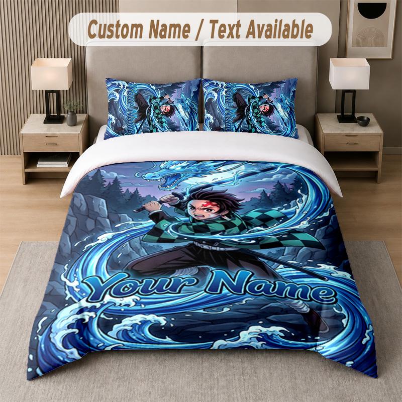 Demon Slayer 3Pcs Bedding Set, Personalized Custom Name Text, 1 Duvet Cover & 2 Pillowcases For Bedroom