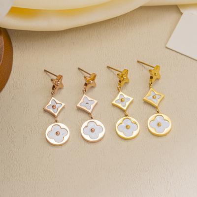 Four Leaf Grass White Shell Stainless Steel Earrings for Women's Versatile Earrings Chain Lock Bone Chain Jewelry Does Not Fade