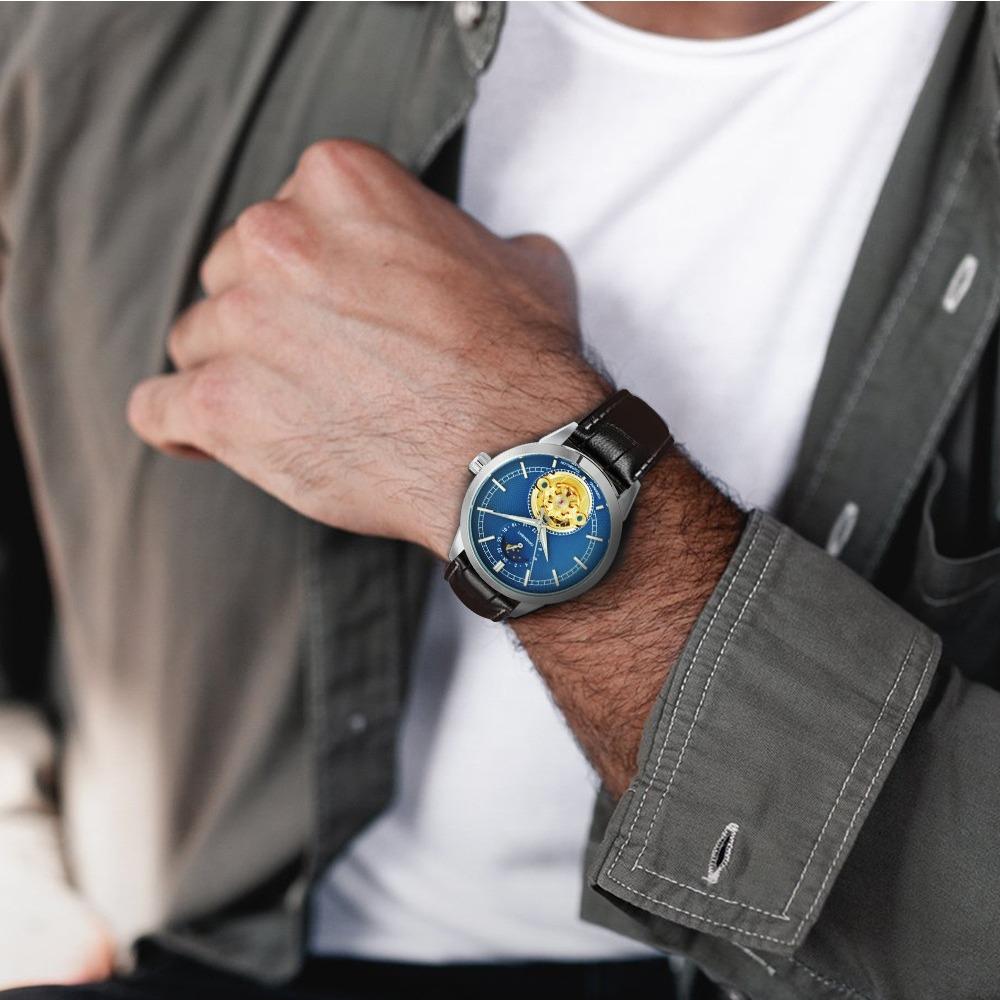Forsining Men's Fashion Casual Hollow Moon Phase Carved Hollow Automatic Mechanical Watch GMT1177-2-A