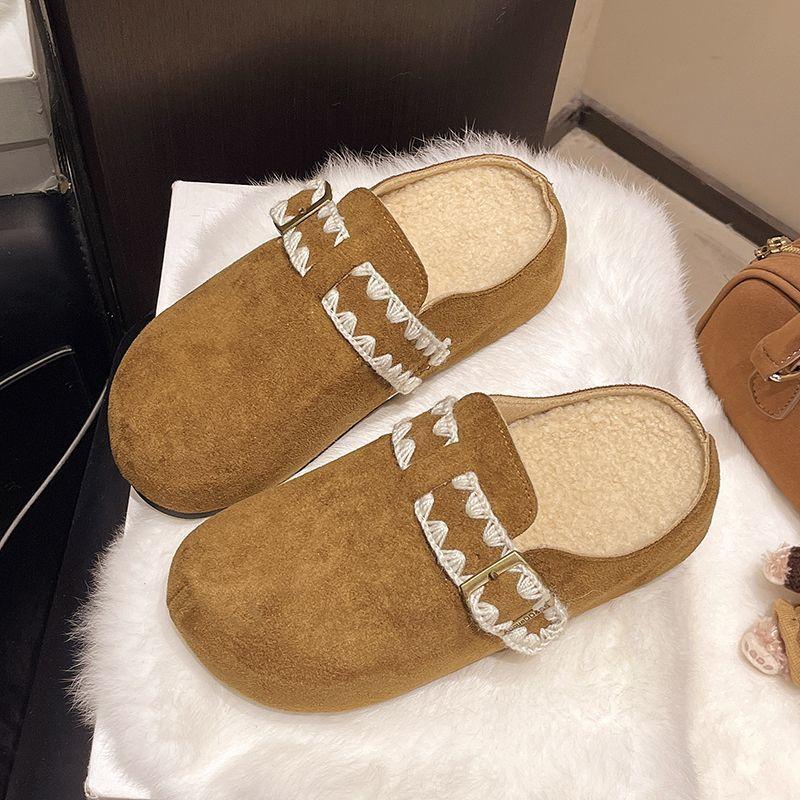Birkenstocks, slippers, small fragrant soft-soled bag head, half slippers are not tired, versatile feet, round head, Korean version lace
