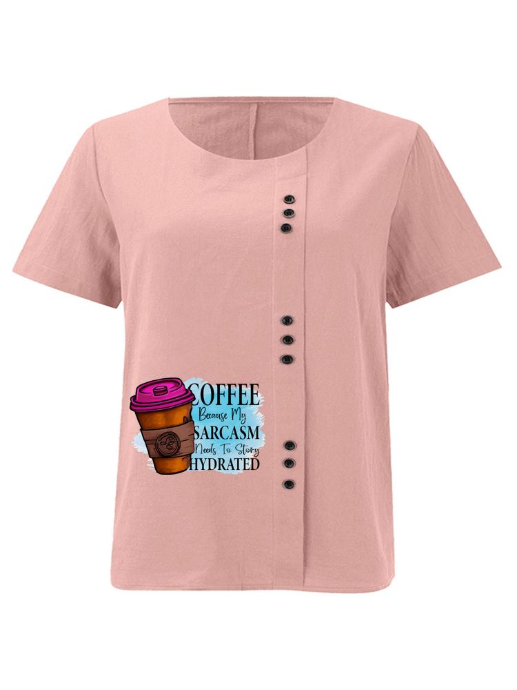 

Women s Fashion Coffee Alphabet Print Casual Cotton Linen Short Sleeve Round Neck T-shirt Shirt Leisure Loose Summer Blouse Tops S розовый