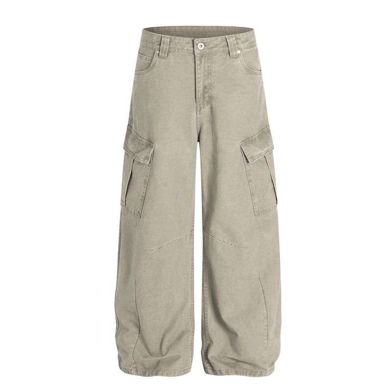 Kisko American Retro Washed Deconstructed Design Cargo Pants Unisex Trendy Loose Straight Casual Scimitar Pants