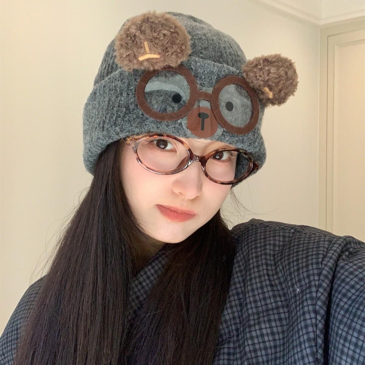 

New Thickened and Warm Bear Cartoon Knitted Hat for Women Sweet and Versatile Small Woolen Hat Showing Face one size
