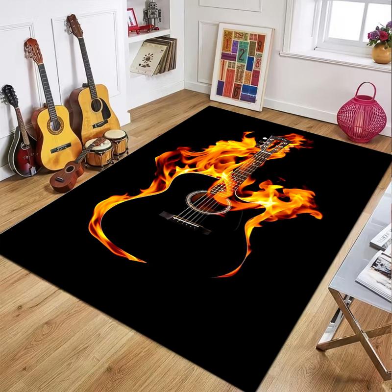 3D Flame Guitar Rug Electric & Acoustic Non-slip Washable Floor Mat for Living Room Bedroom Music Studio Decor