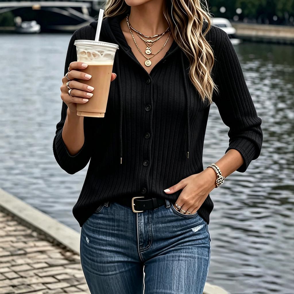 Women's Color Button Front Long Sleeve Hooded Knit Sweater Top
