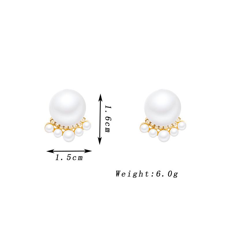 

White Round Imiation Pearl Stud Earrings for Women Party Elegant Cute Trendy Zircon Inlay Mini Beads & Rhinestones Accessories