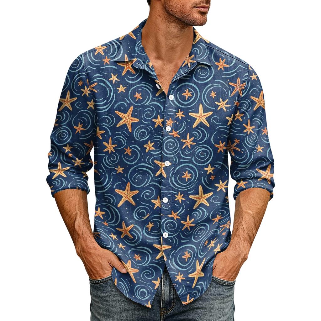 Men's Loose Fit Long Sleeve Shirt Hawaiian Style Retro Casual Button Down Collar Shirt Suitable for Spring and Autumn Wear