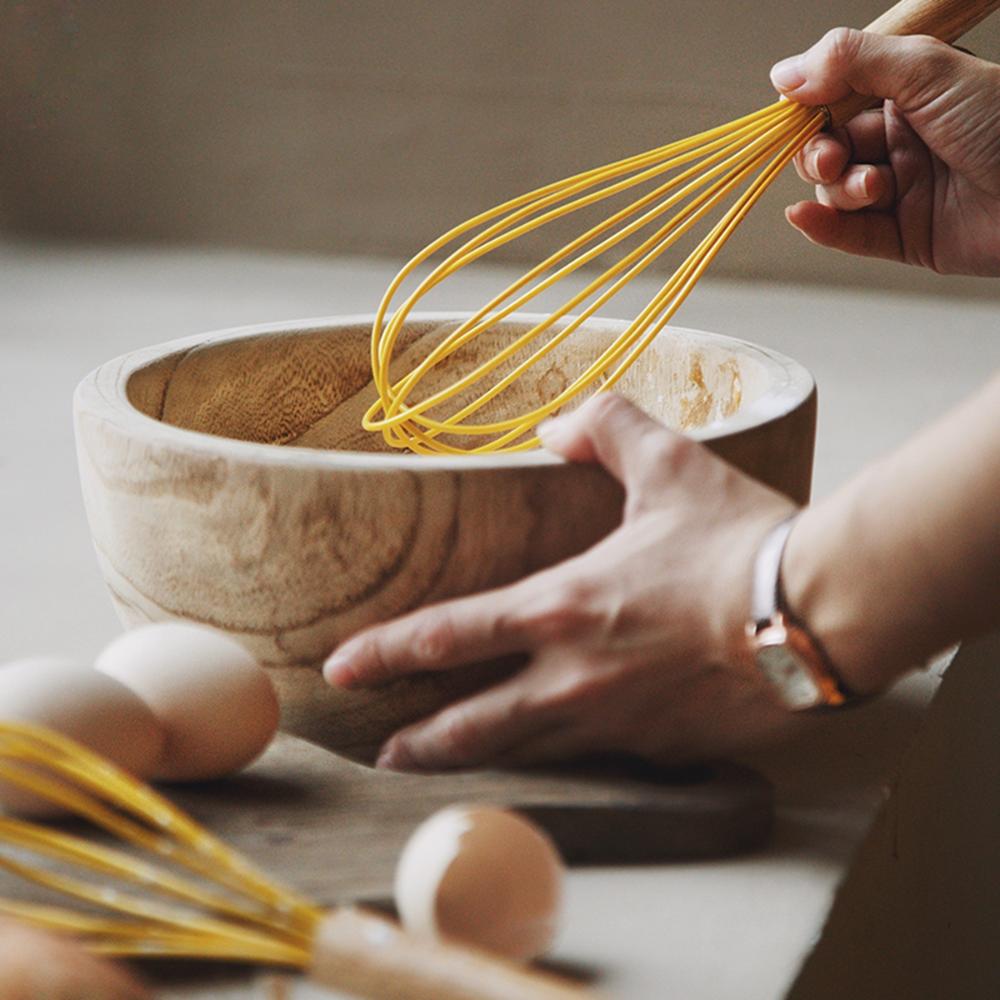 Kitchen Baking Silicone Heat Resistant Manual Wooden Handle Blender Frother Whisk Mixer Egg Beater