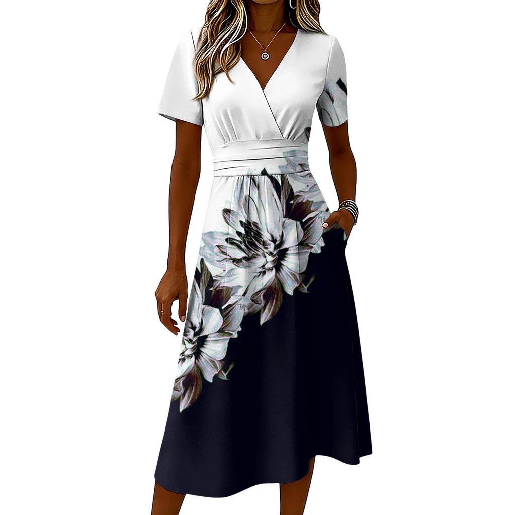 Ladies' Floral Casual Fashionable Short Sleeved V-neck Dress