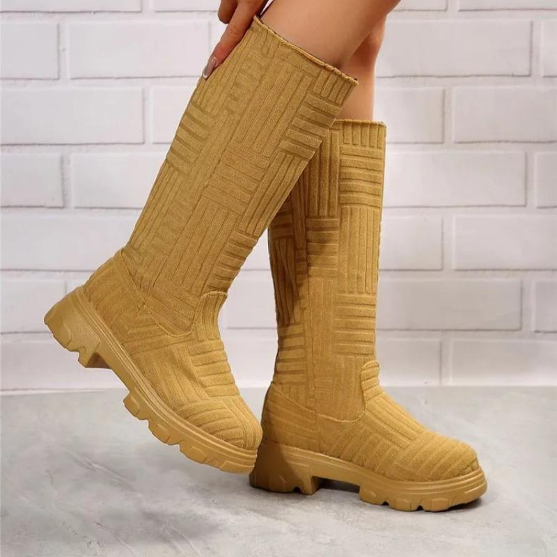 Chic Women Long Boots Brand Design Terry Cloth Knee-high Booties Ladies Thick Sole Pink Green Botas Tone To Tone