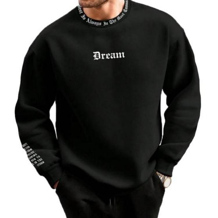 Men Casual Thick Warm Sweatshirt Fall Winter Letter Print Round Neck Long Sleeve Loose Soft Top