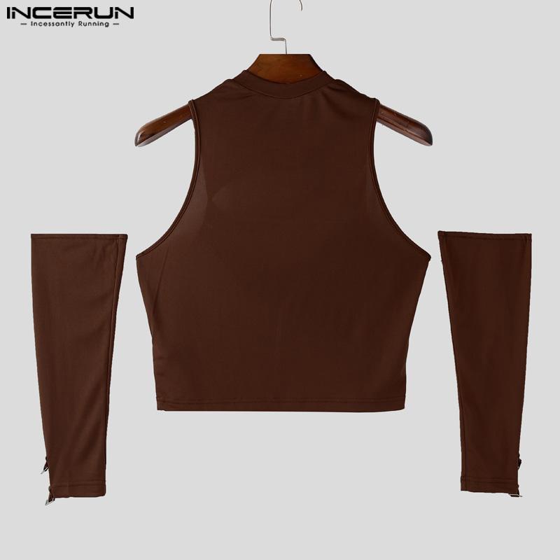 INCERUN Men Mockneck Sleeveless Cutout Casual Fitted Crop Tank Tops with Oversleeve